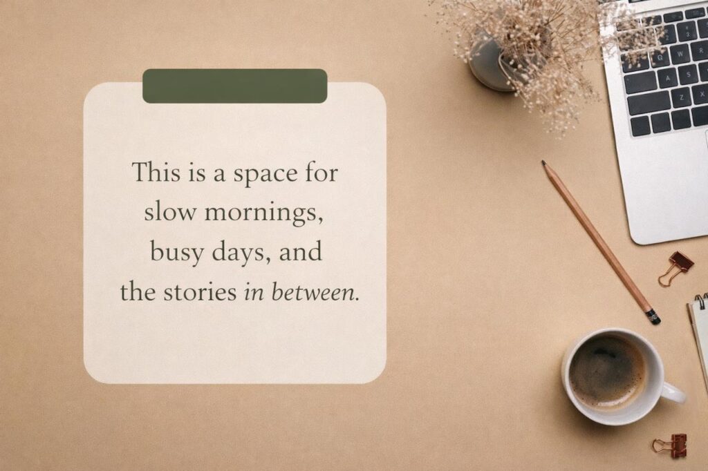 Calm workspace with notebook and coffee symbolizing slow mornings and working mom life